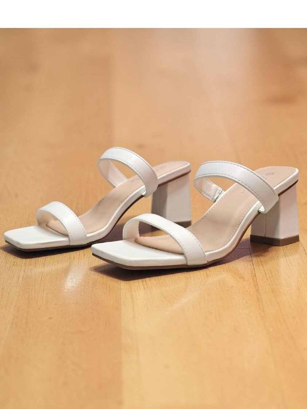 White Faux Leather Block Heel Sandals With Double Straps & Square Toe For Women - Picture 2 of 15